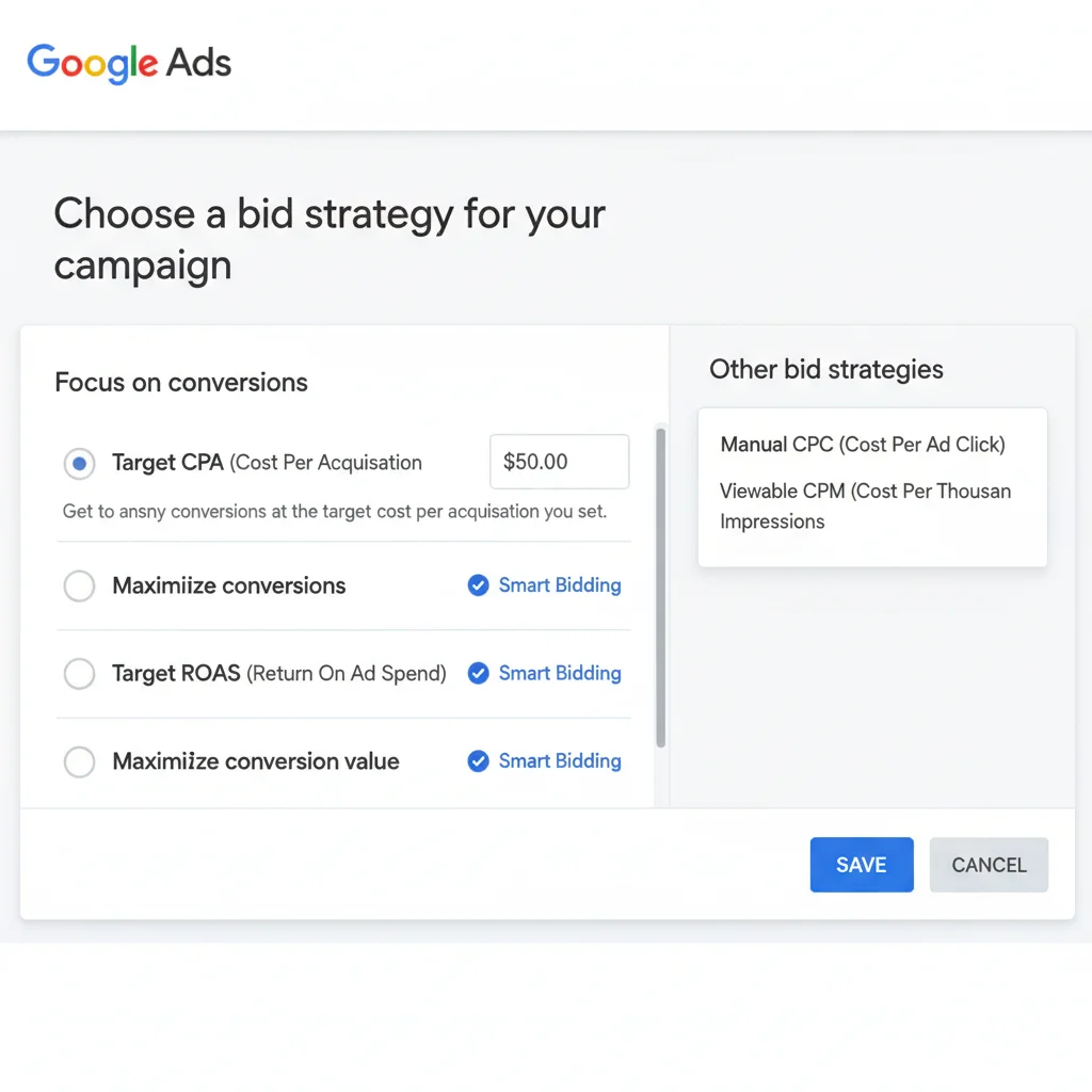 Google Ads bidding strategy options showing CPA optimisation settings