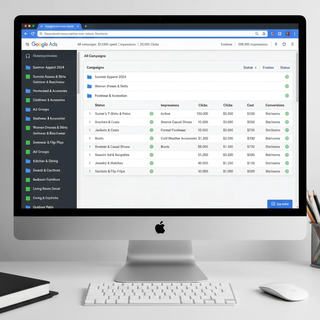 Google Ads ad group structure dashboard showing organized campaigns