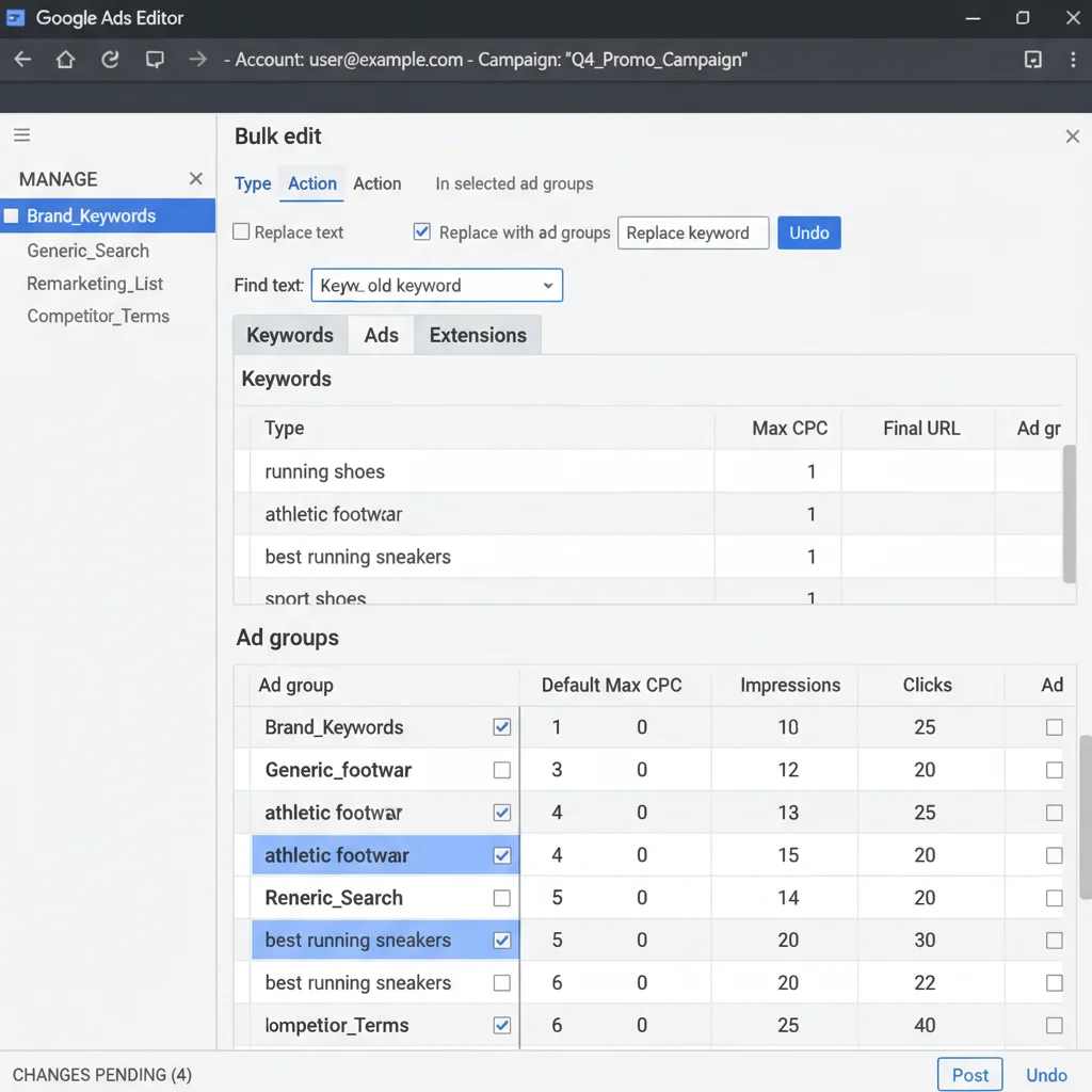 Google Ads Editor interface showing bulk ad group editing features