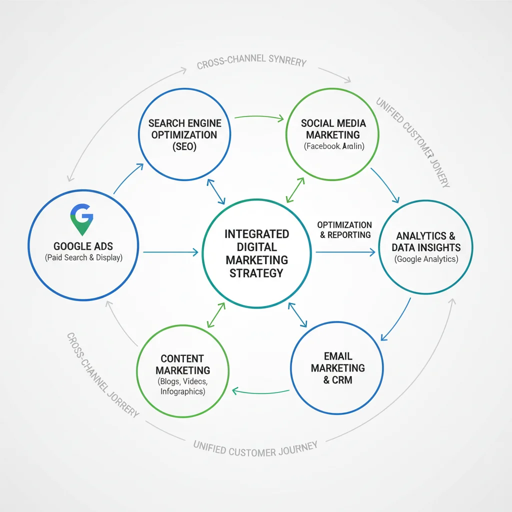 Digital marketing strategy integration showing Google Ads within broader campaign