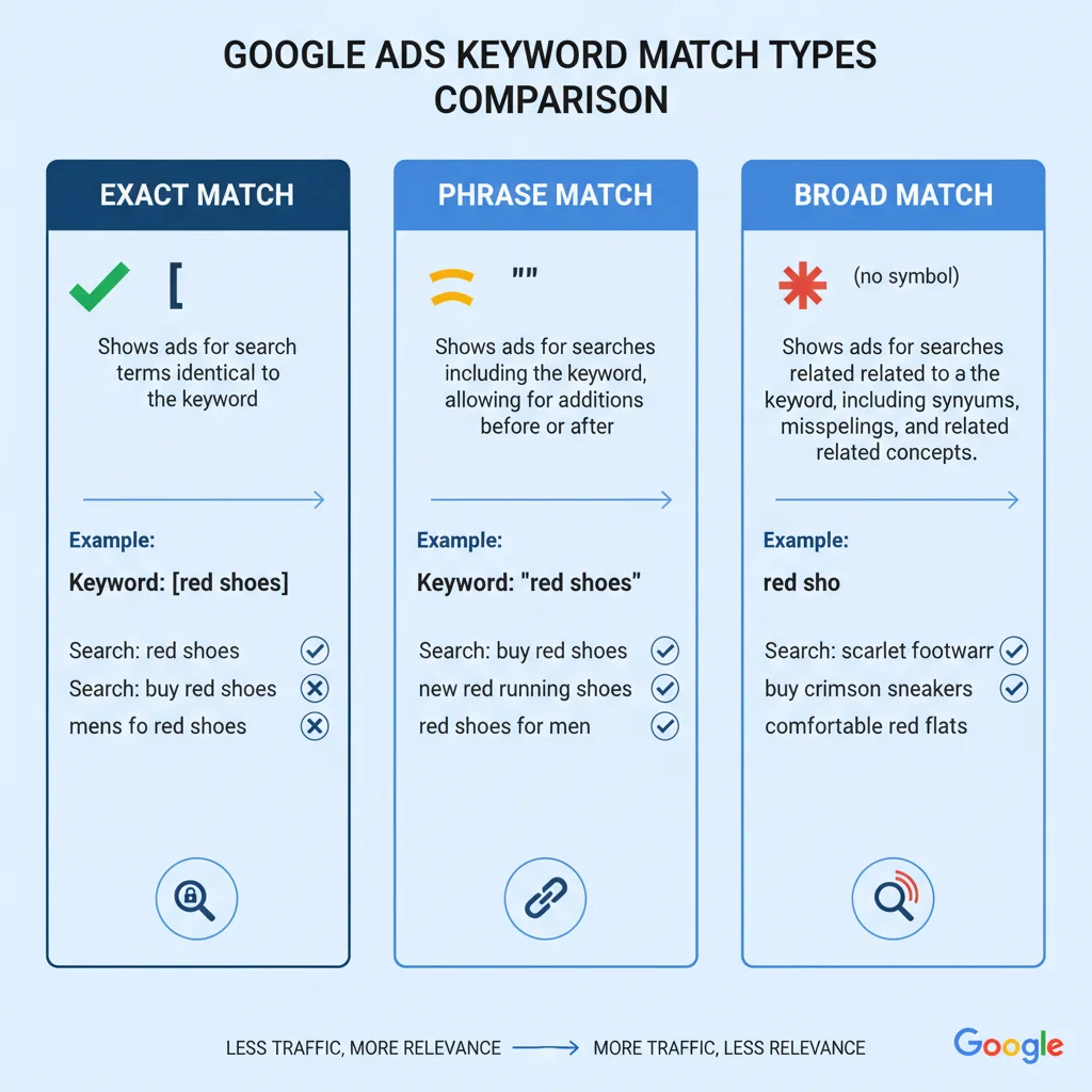 Infographic comparing Google Ads keyword match types with examples of exact match, phrase match, and broad match