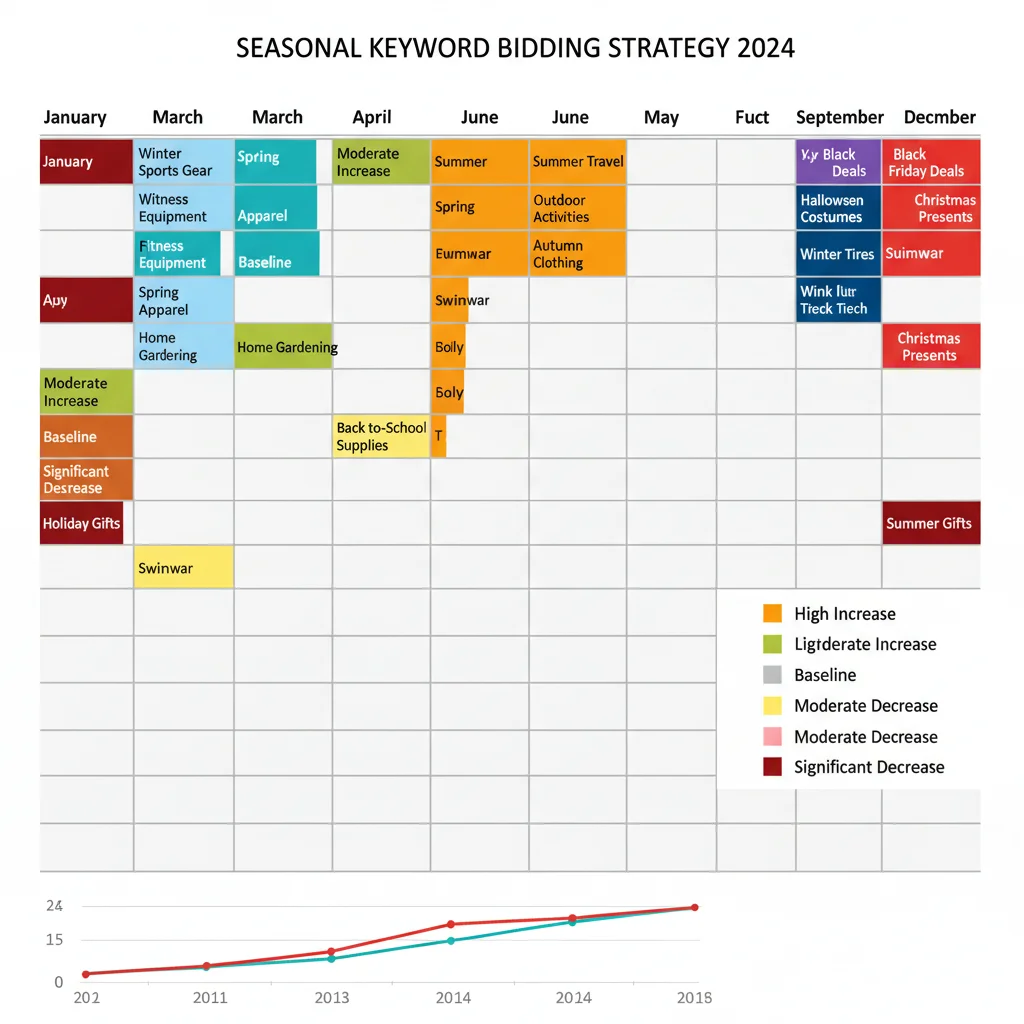 Calendar-style visualization showing seasonal keyword bidding adjustments throughout the year