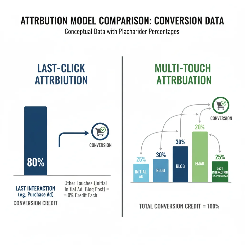 Attribution model comparison showing last-click vs multi-touch conversion data