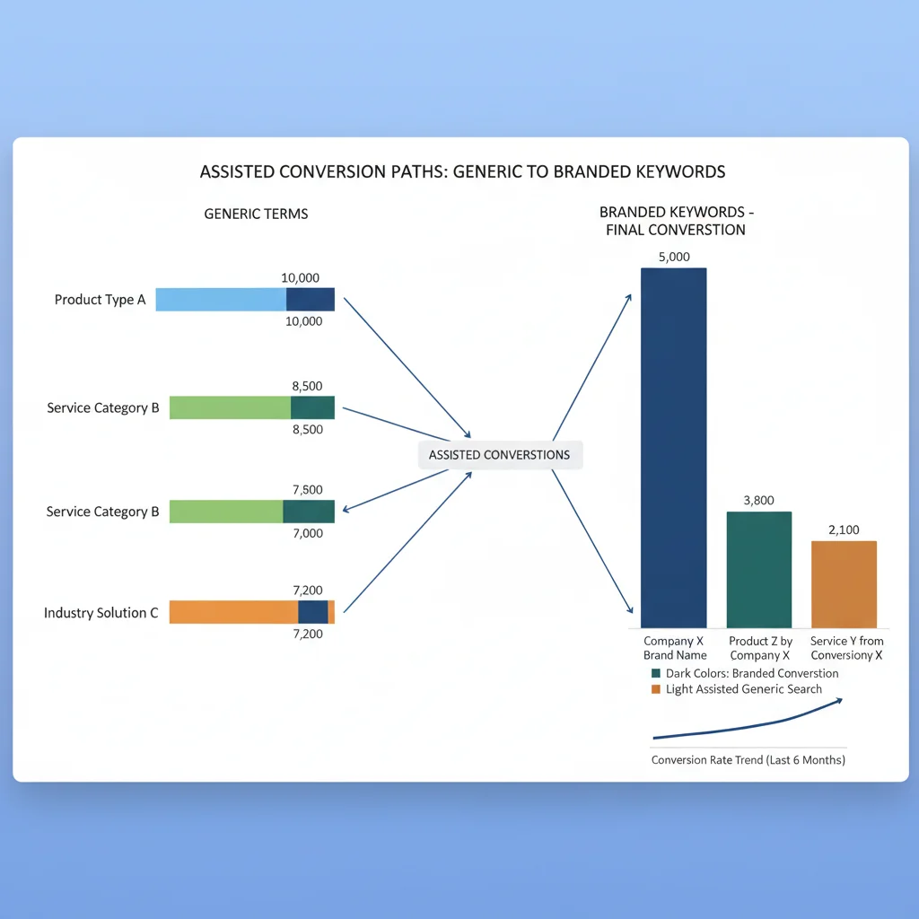 Keyword performance analysis showing generic vs branded term conversion paths