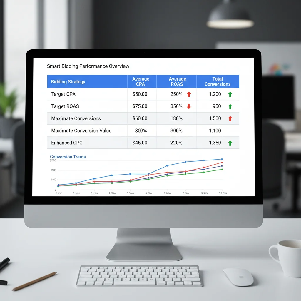Smart bidding strategy comparison chart showing performance metrics for different automated options