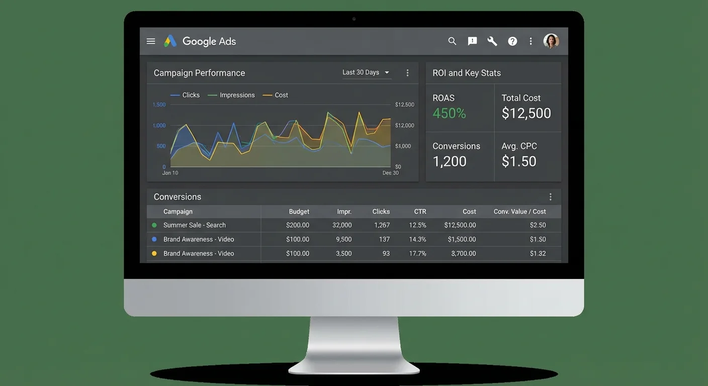 Google Ads dashboard showing campaign performance metrics and ROI