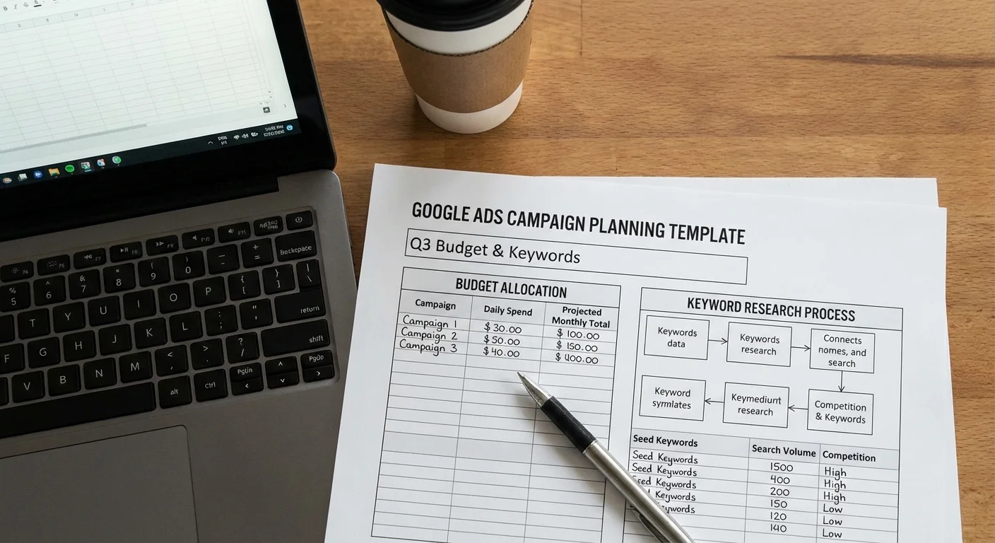 Google Ads campaign planning worksheet with budget allocation and keyword research