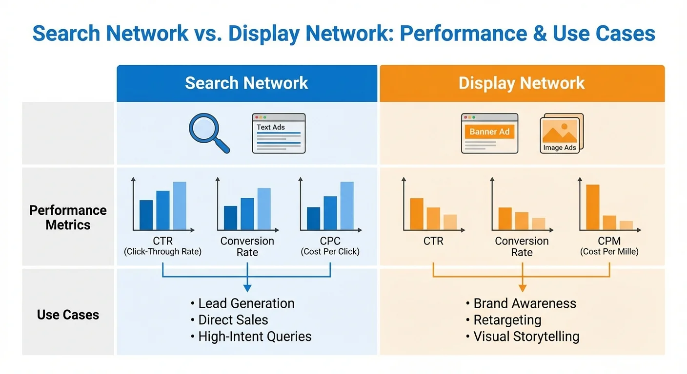 Comparison chart showing Search Network vs Display Network performance metrics