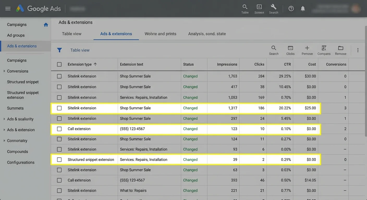 Google Ads interface showing various ad extensions and their performance metrics