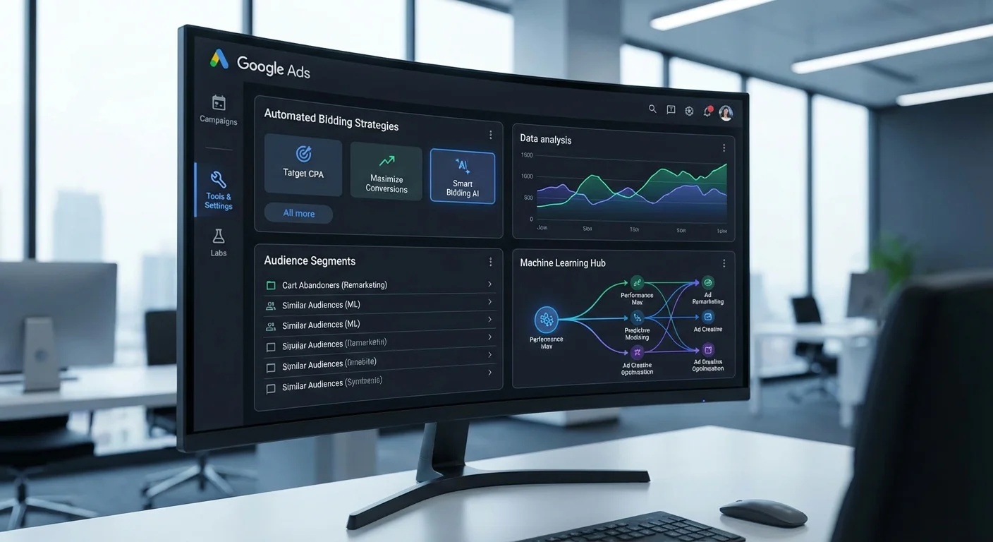 Advanced Google Ads features dashboard showing automated bidding and remarketing options