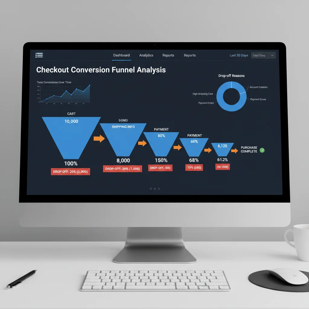 Analytics dashboard showing checkout conversion funnel with abandonment points highlighted