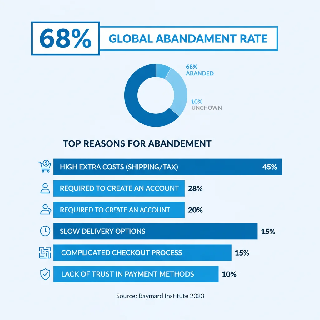 Shopping cart abandonment statistics showing 68% abandonment rate with various checkout issues highlighted