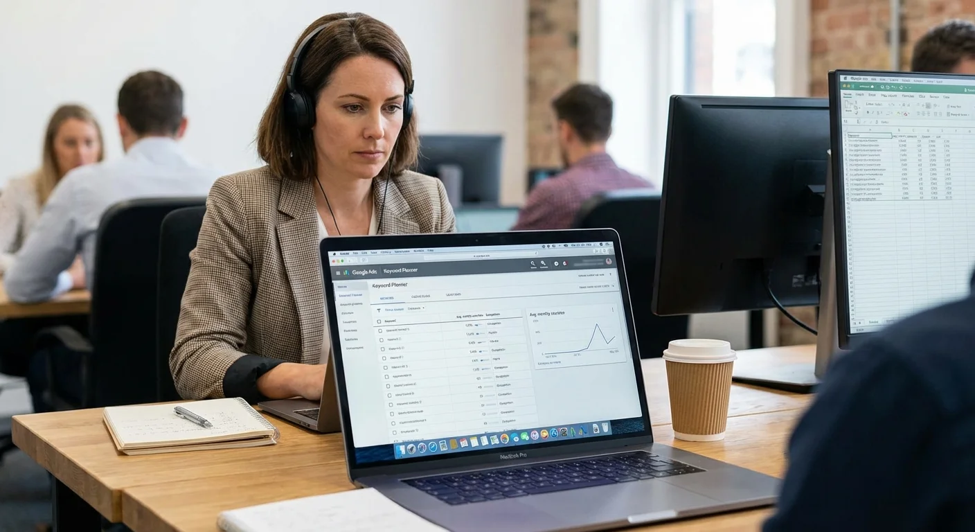 Digital marketer conducting PPC keyword research on laptop with Google Ads interface visible