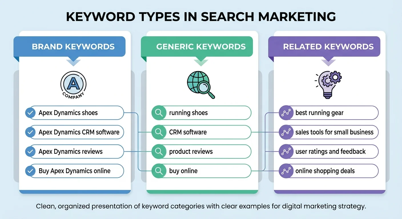 Three columns showing brand, generic, and related keyword examples for PPC campaigns