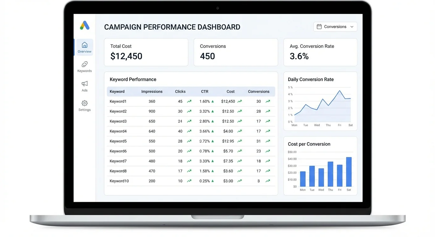 Campaign performance dashboard showing keyword metrics and conversion data