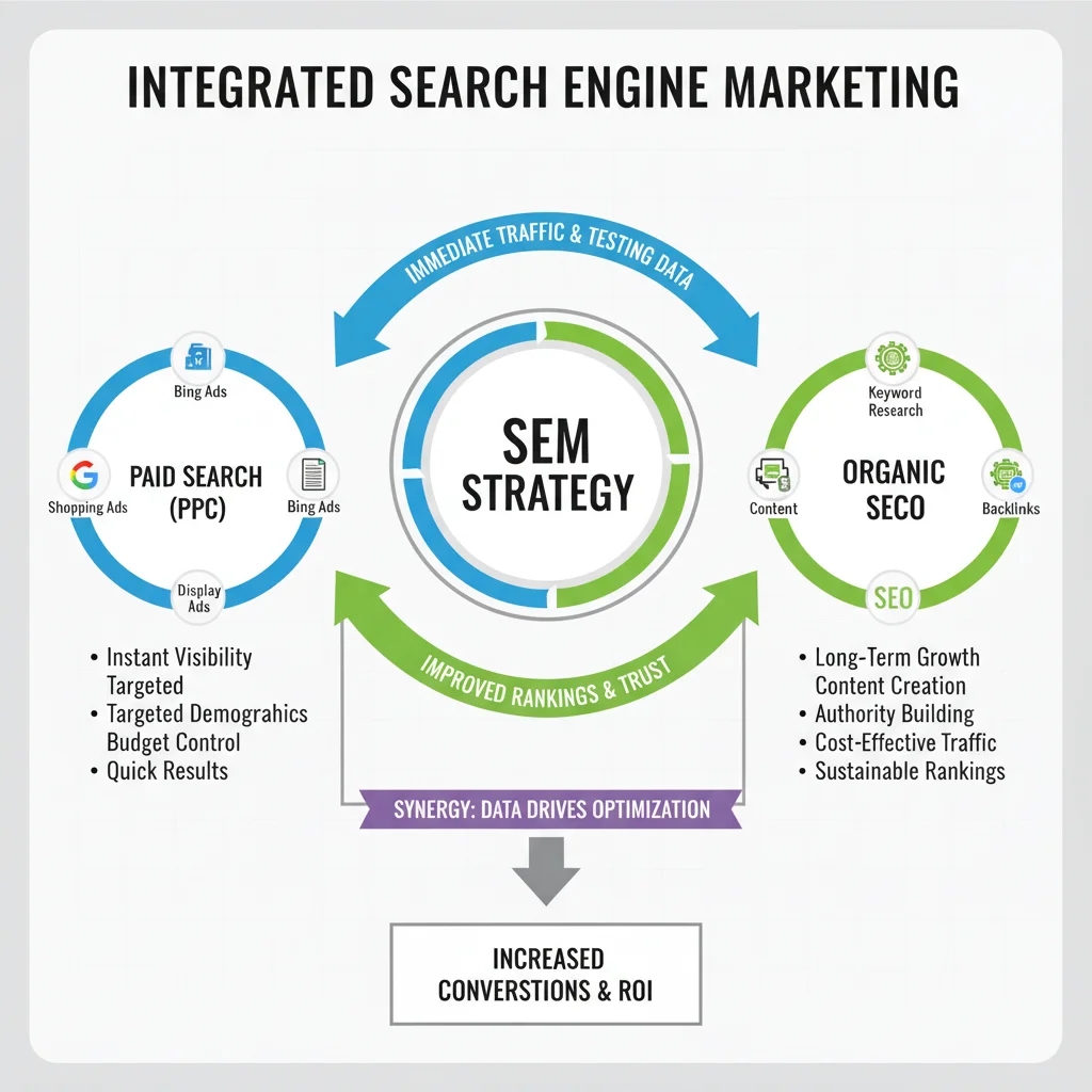 SEM strategy diagram showing paid and organic search working together