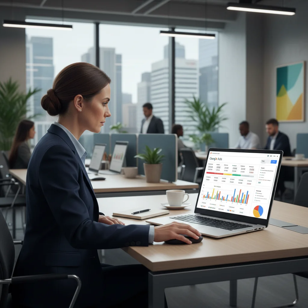 Business owner reviewing Google Ads performance on laptop