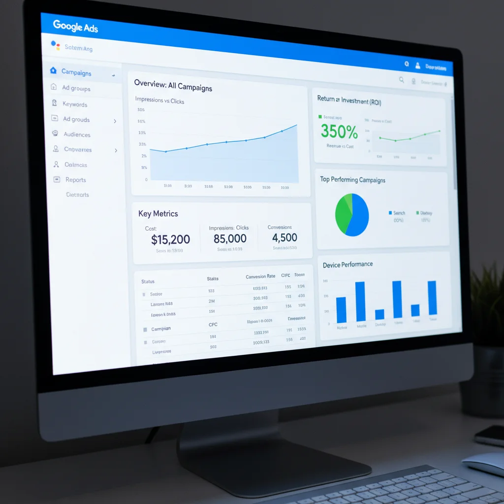 Google Ads dashboard showing campaign performance metrics and ROI data