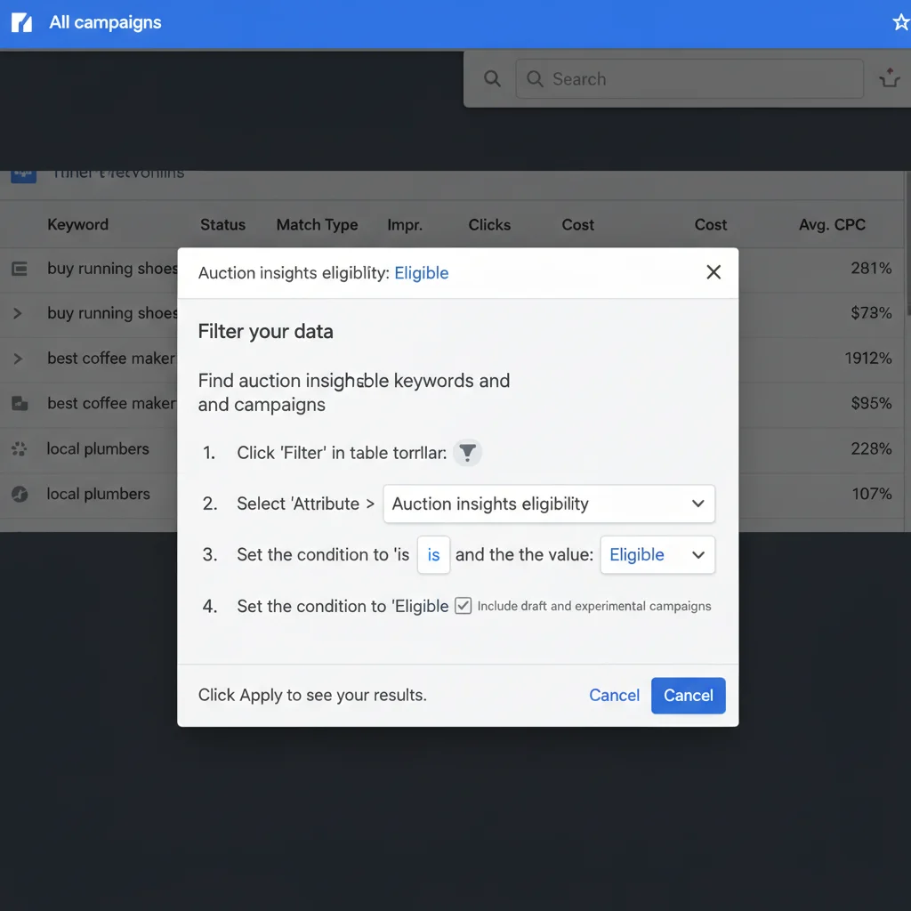 Google Ads filtering interface for auction insights eligible terms