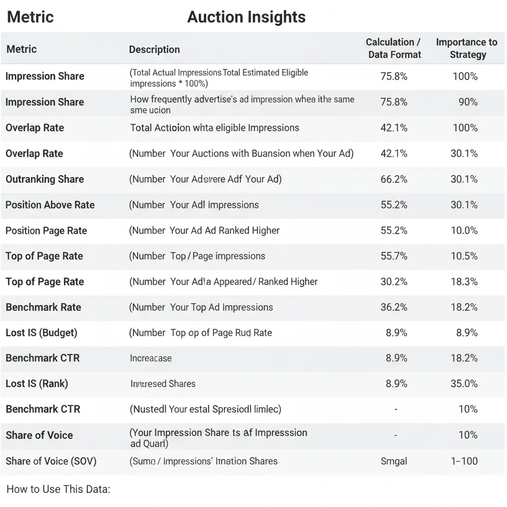 Auction insights metrics breakdown showing impression share and competitor performance