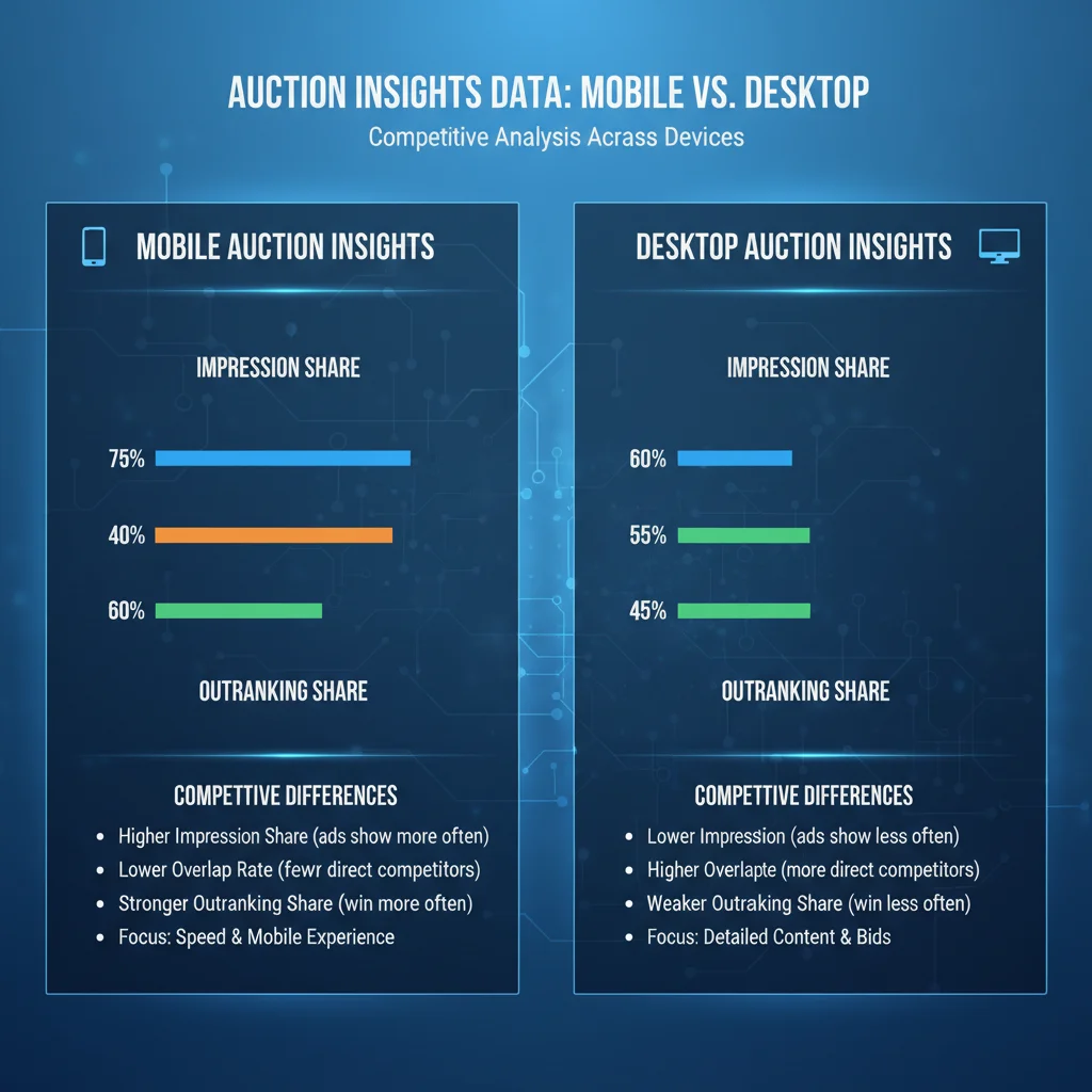 Mobile versus desktop auction insights comparison showing competitive gaps
