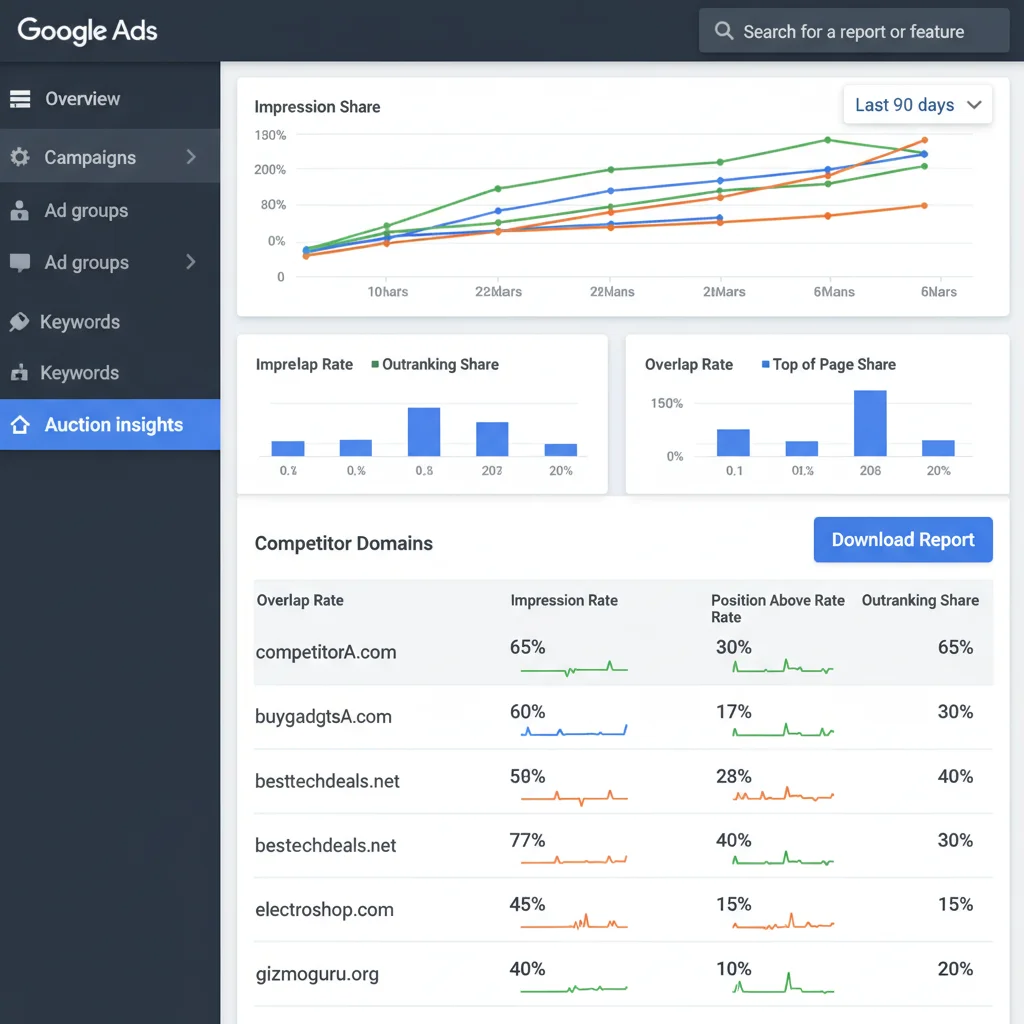 Google Ads Auction Insights dashboard showing competitive analysis data