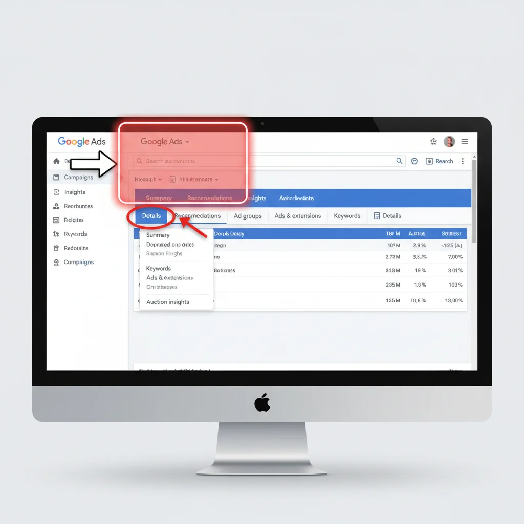 Google Ads account interface showing auction insights navigation menu