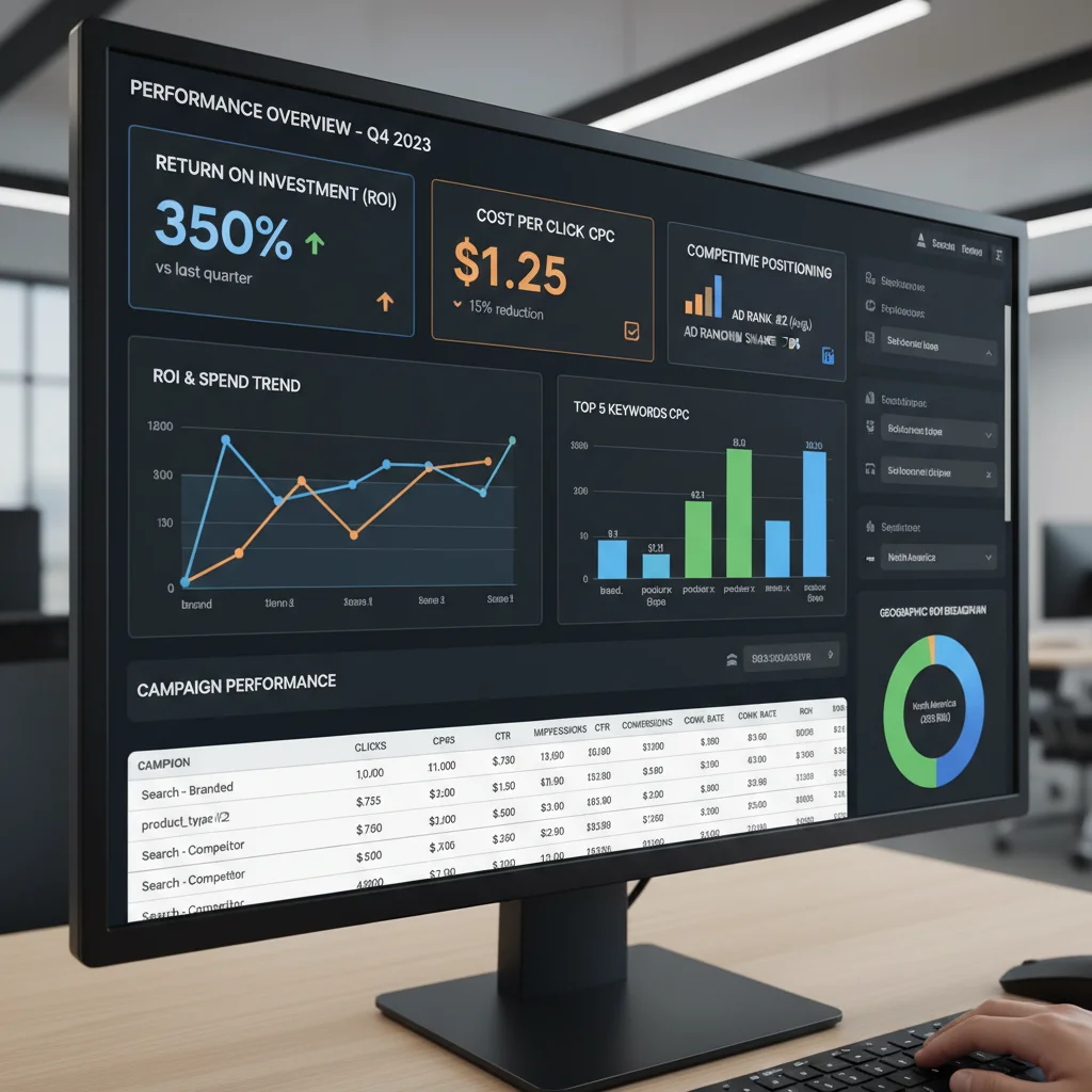 Google Ads performance metrics dashboard showing ROI and competitive positioning balance