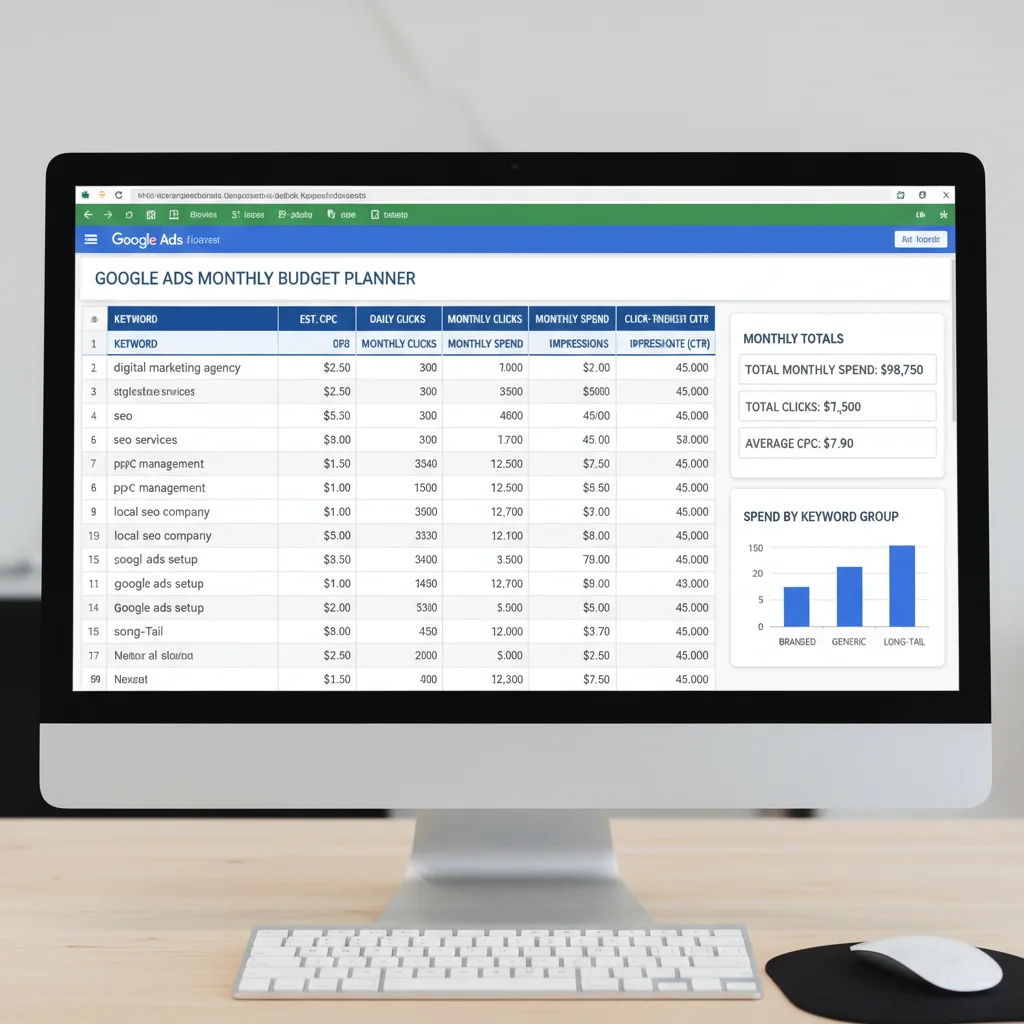 Google Ads budget calculation spreadsheet showing monthly spend breakdown
