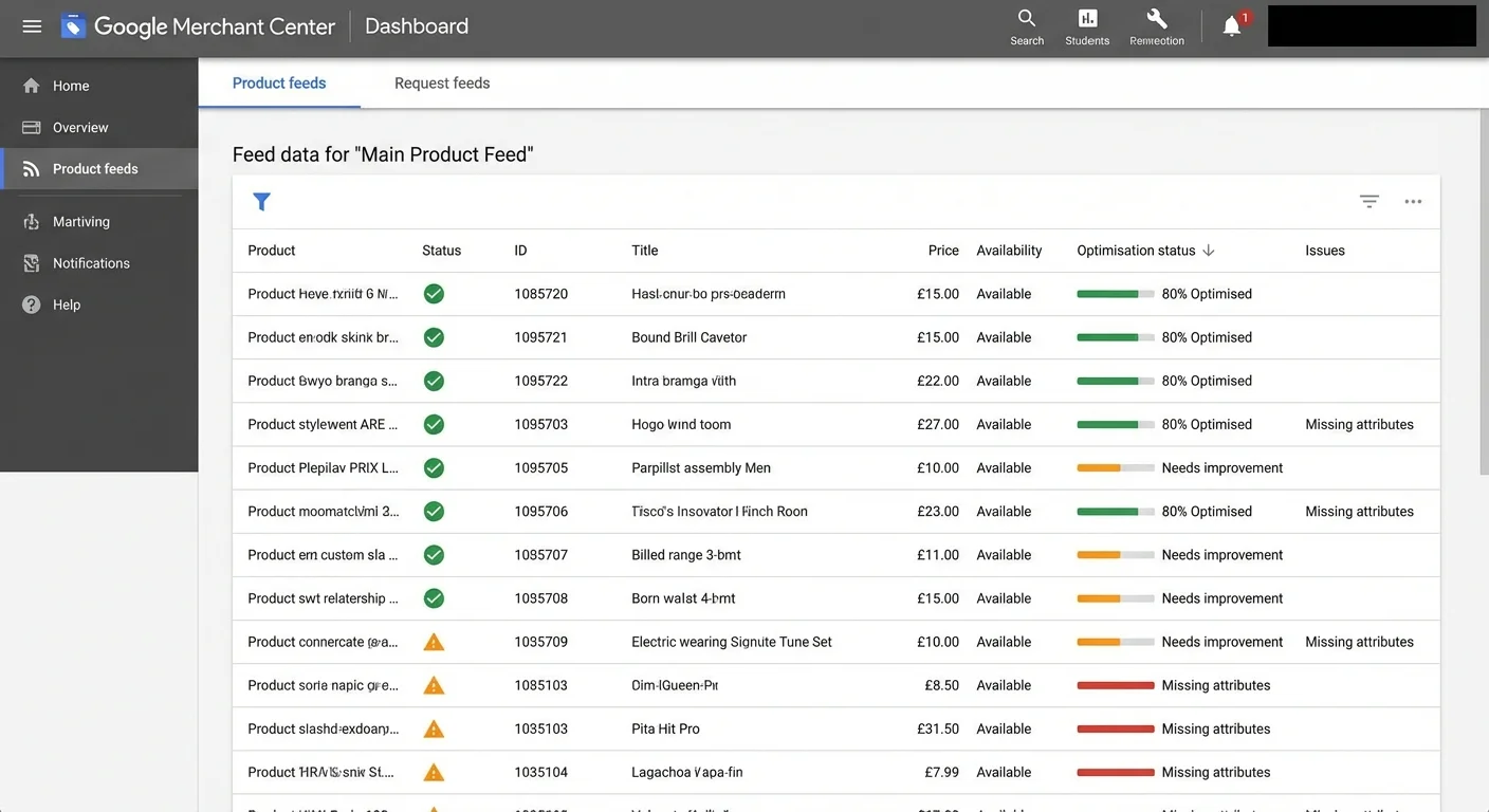 Google Shopping data feed optimisation dashboard showing product attributes