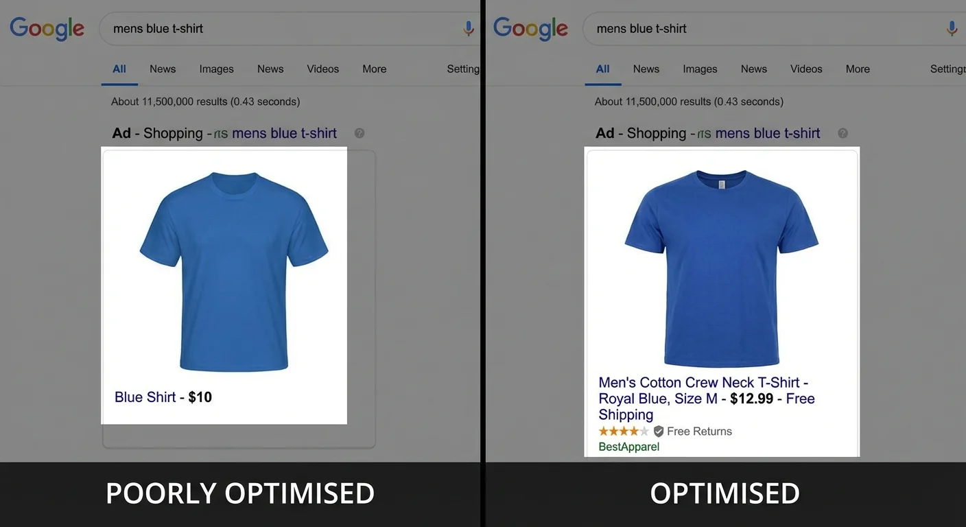 Before and after comparison of Google Shopping ad optimisation