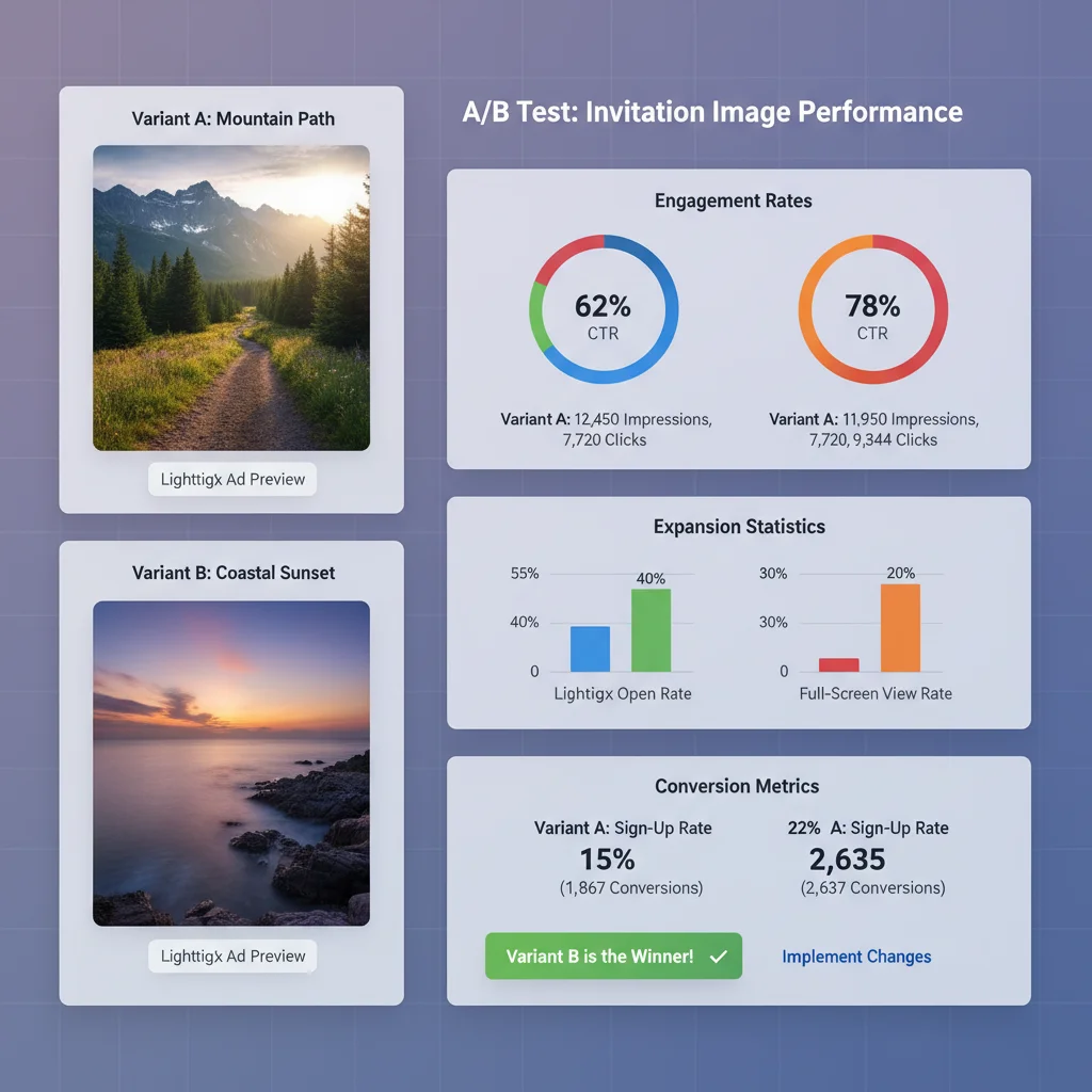A/B testing results showing different invitation image performance in lightbox ads