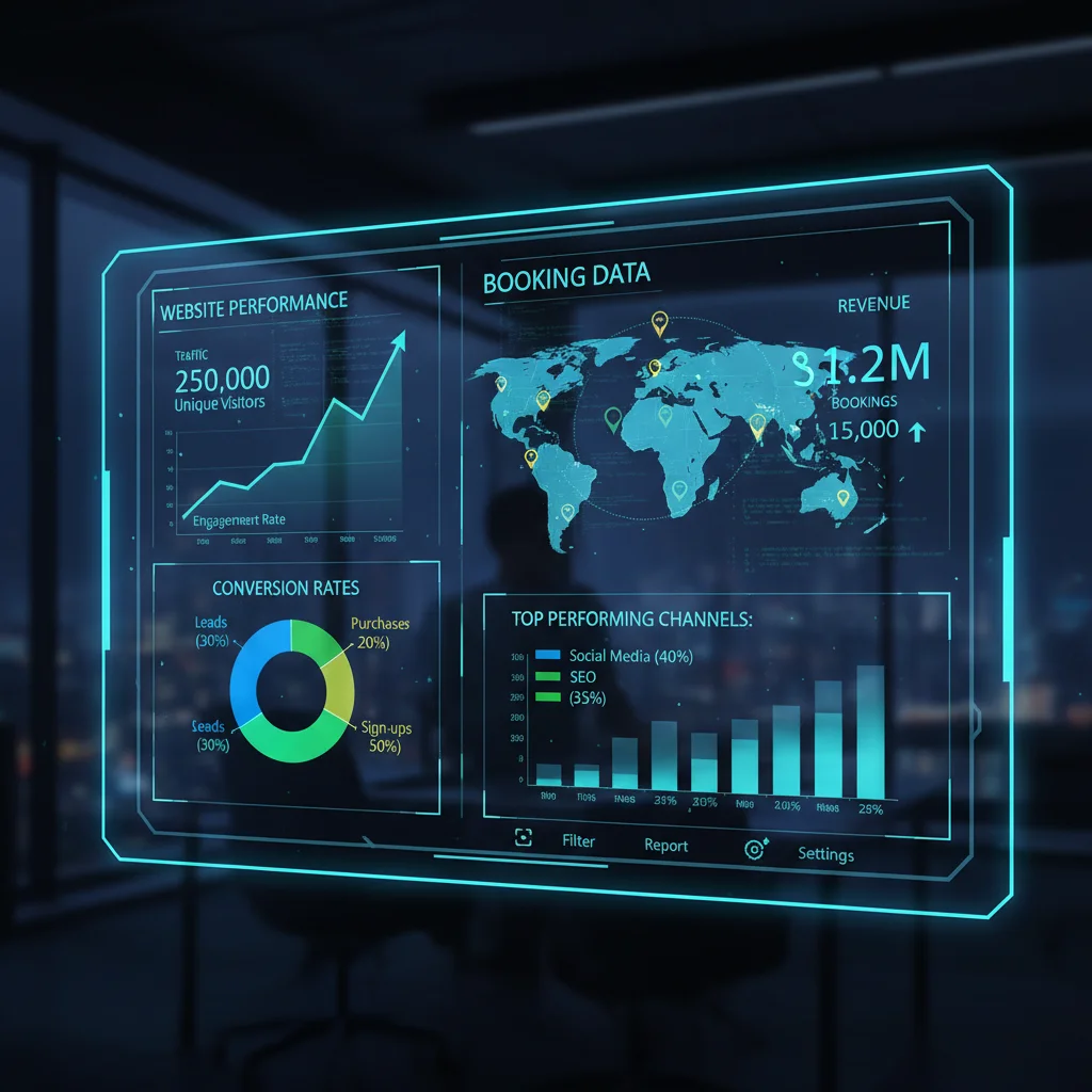Digital marketing metrics dashboard for travel website performance tracking