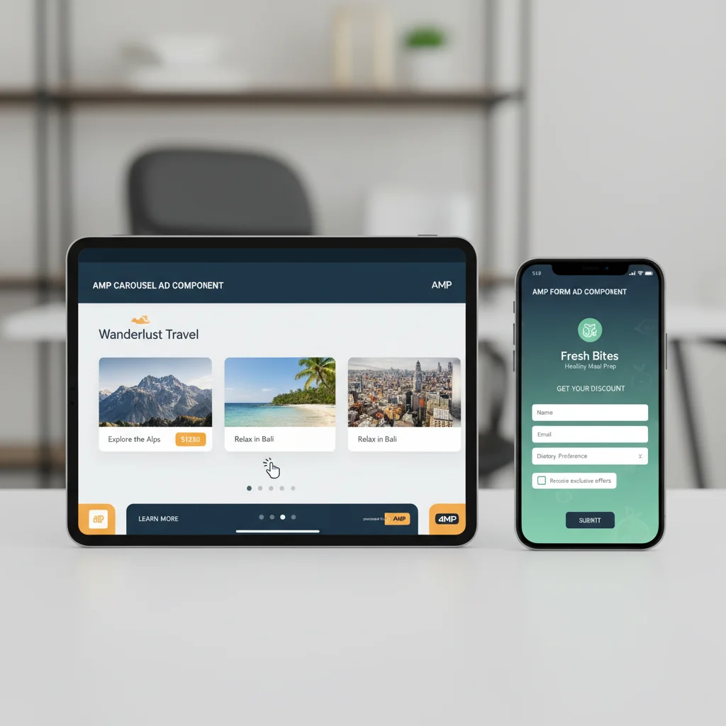 AMP interactive ad components showing carousel and form examples