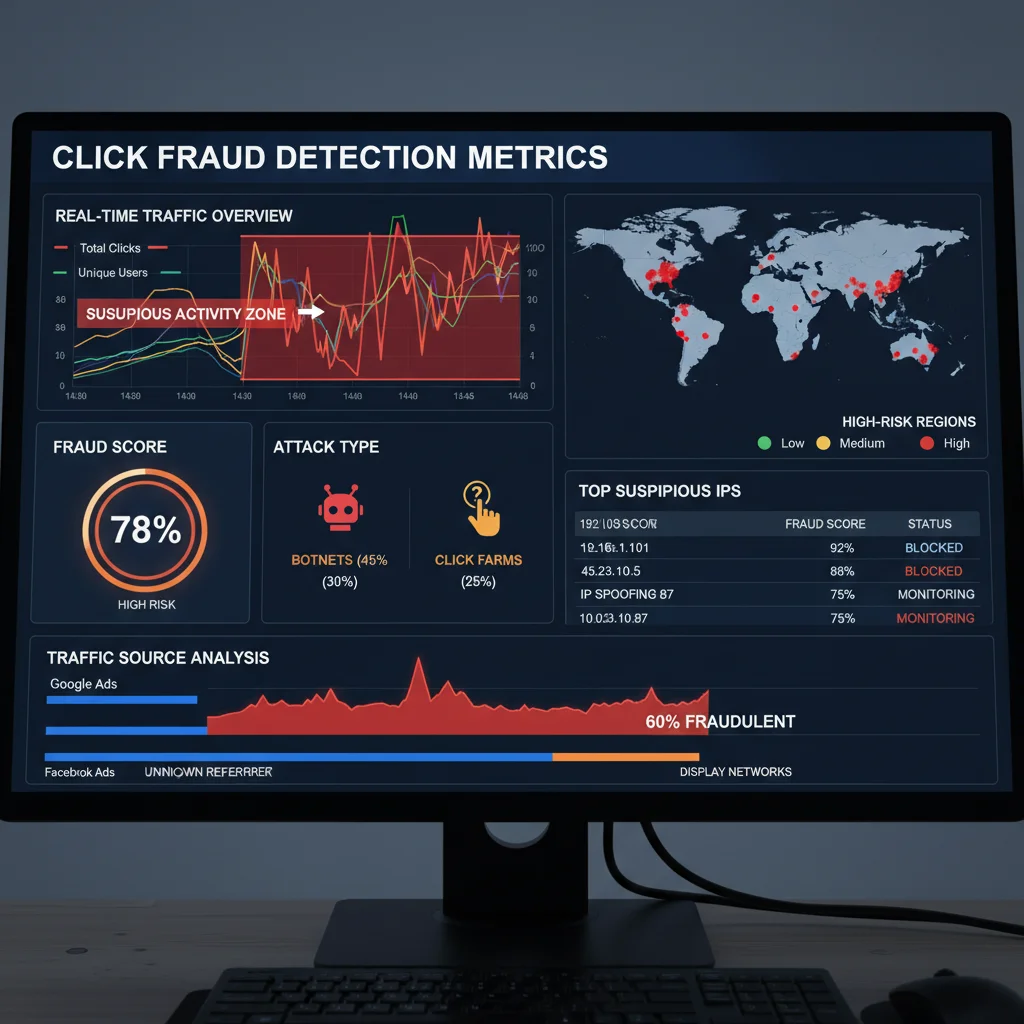 Click fraud detection dashboard showing suspicious traffic patterns and invalid clicks