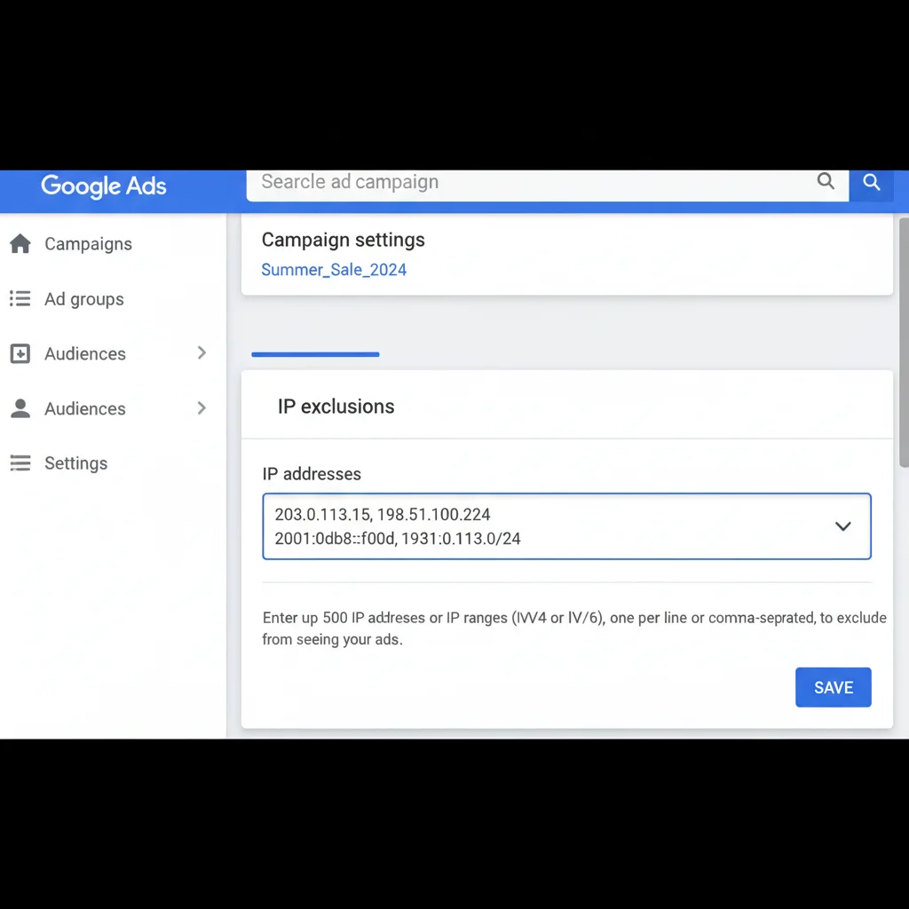 Google Ads IP exclusion interface for blocking fraudulent traffic sources