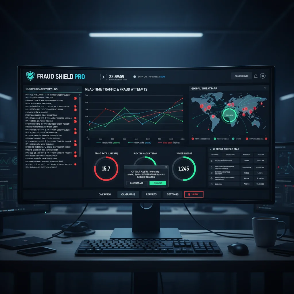 Click fraud protection software dashboard showing real-time threat monitoring