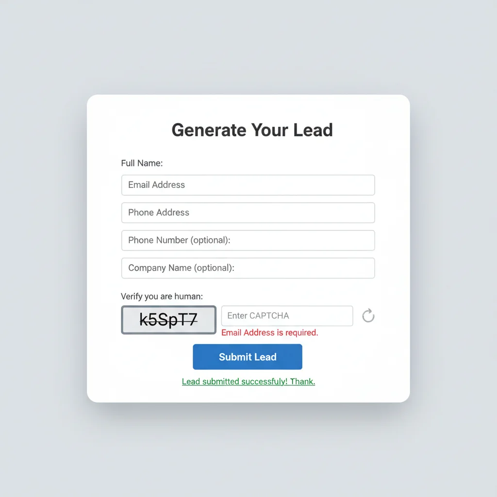 Lead generation form with CAPTCHA protection and validation features