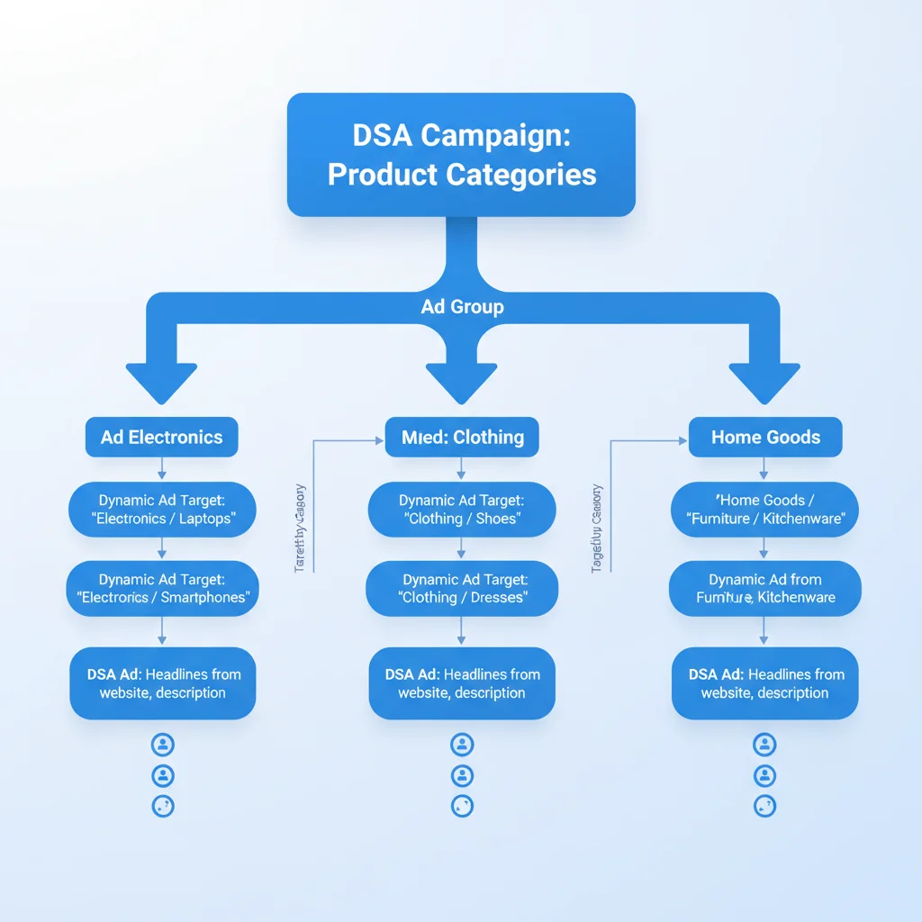 Dynamic Search Ads campaign structure showing segmented ad groups by product category