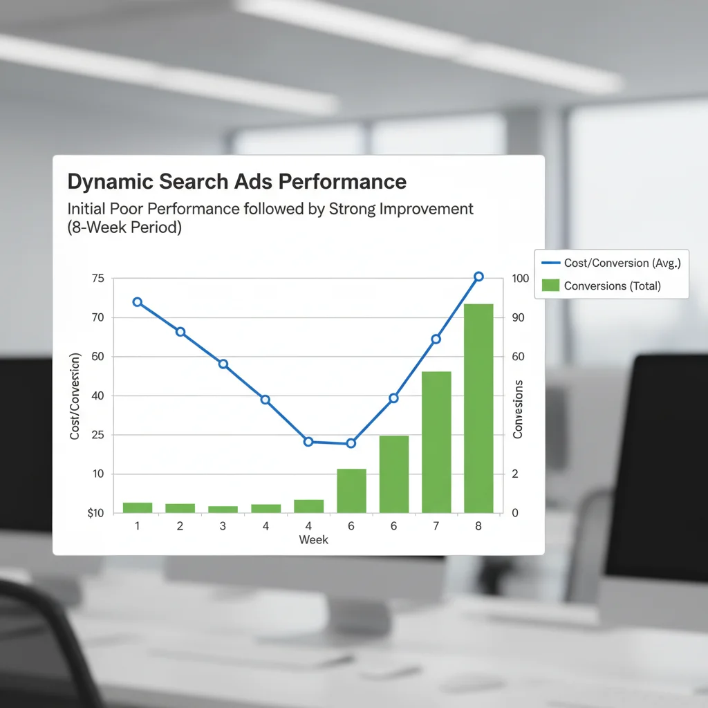 Performance comparison chart showing Dynamic Search Ads improvement over time