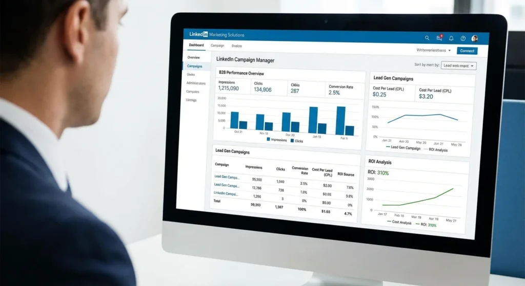 LinkedIn advertising dashboard showing campaign performance metrics for B2B businesses