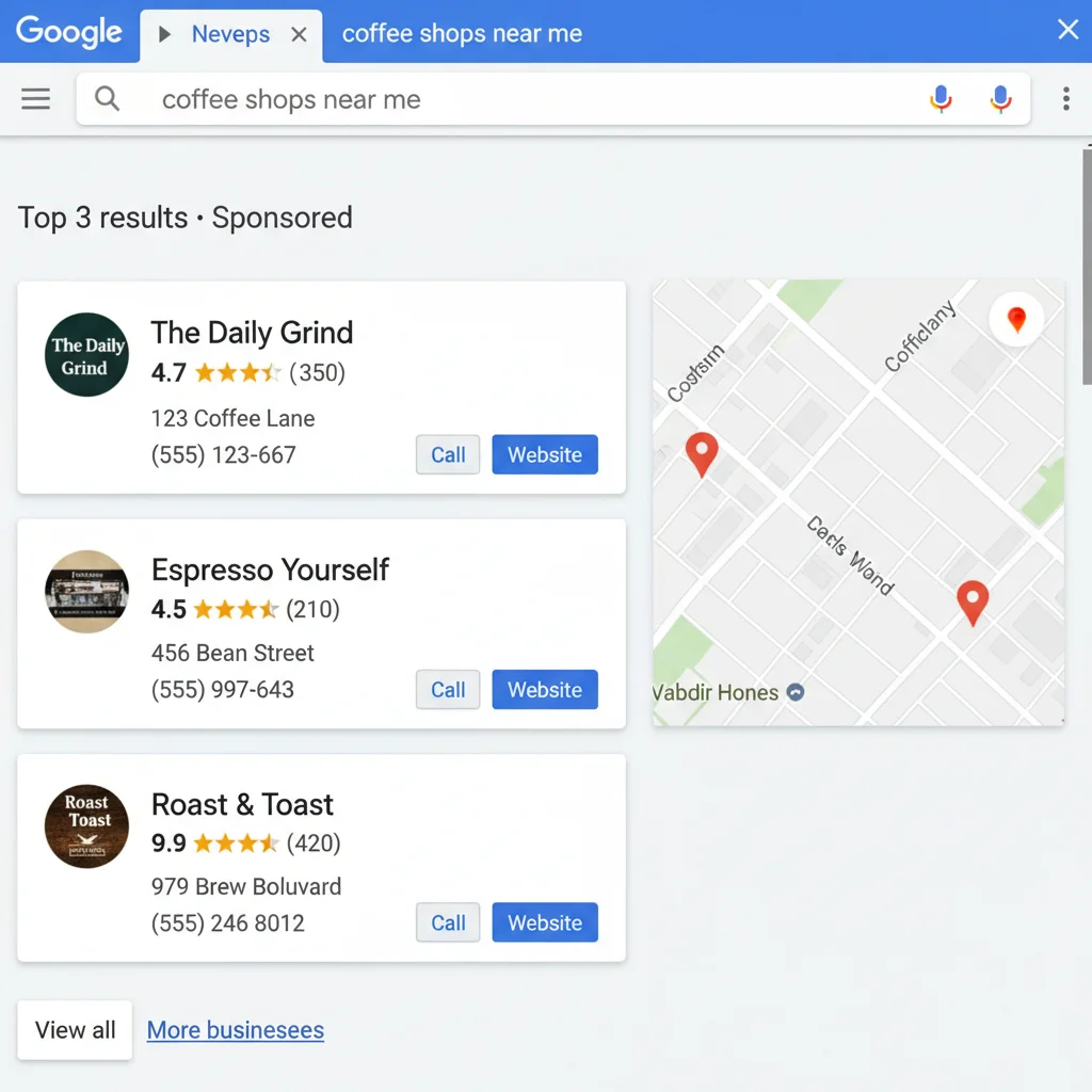 Google local search pack showing three business listings with ratings and contact information