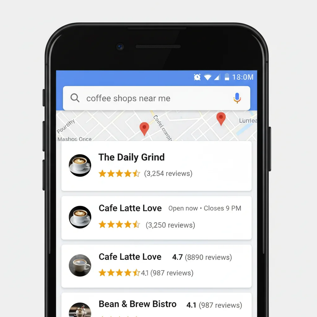 Google local search results showing business ratings and review counts