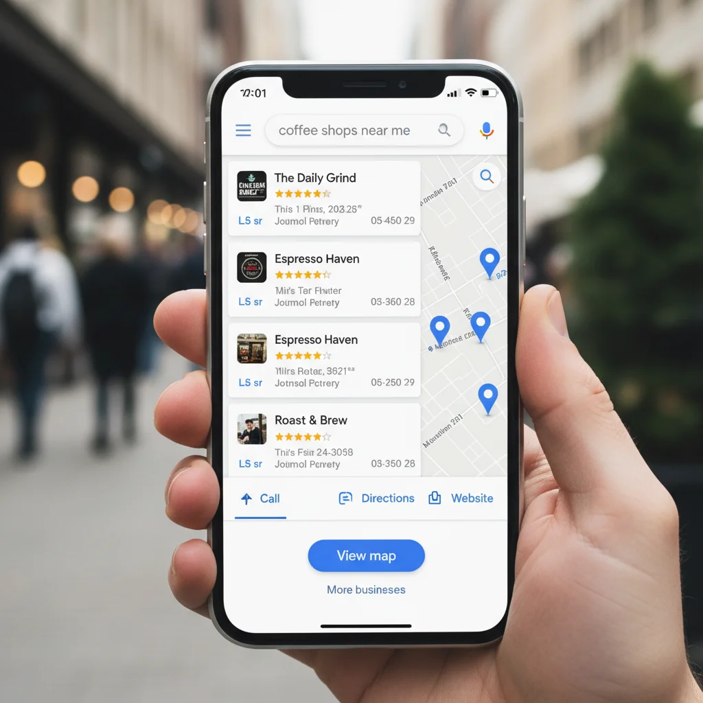 Mobile device showing Google local search results and business information