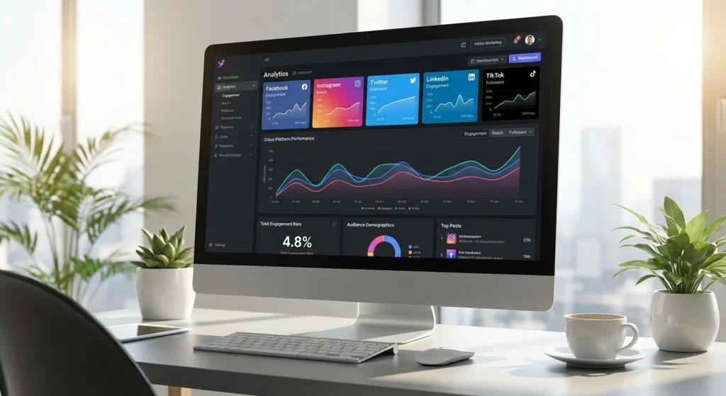Social media marketing strategies dashboard showing engagement metrics and analytics