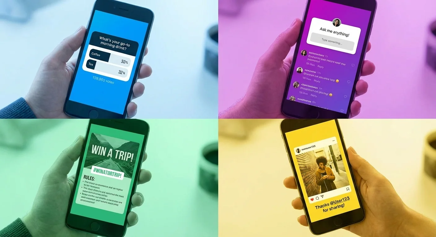 Social media engagement examples showing polls, questions, and interactive content that drives user participation