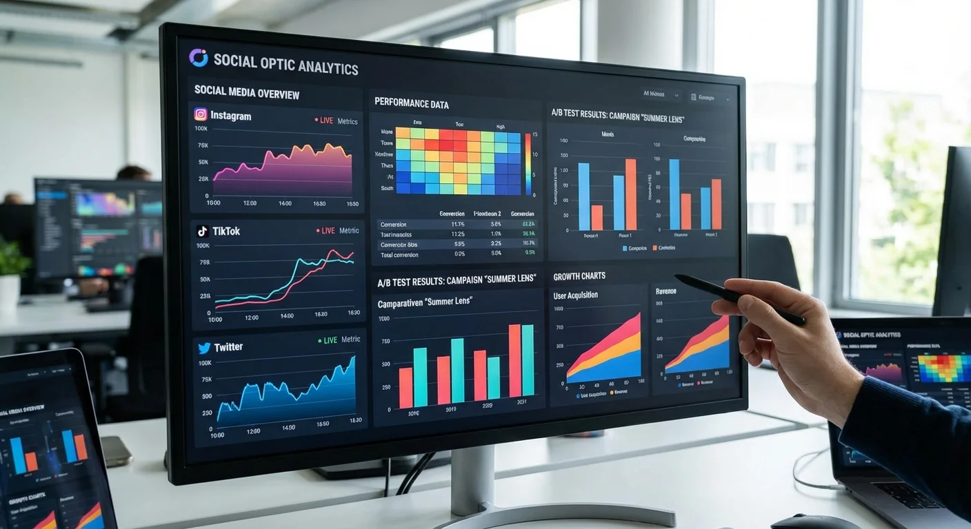 Social media analytics dashboard showing key performance metrics and testing results