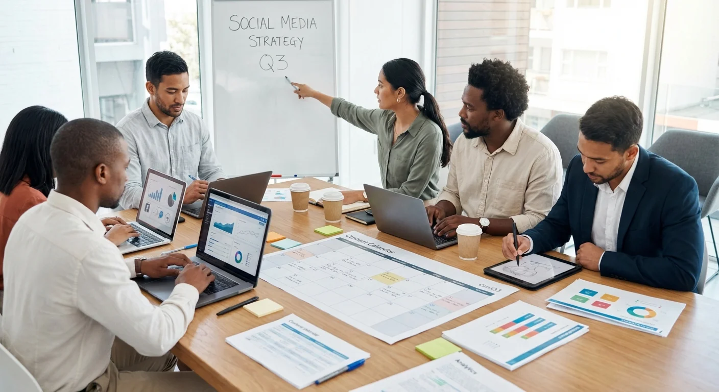 Business team implementing social media marketing strategies with planning documents and analytics