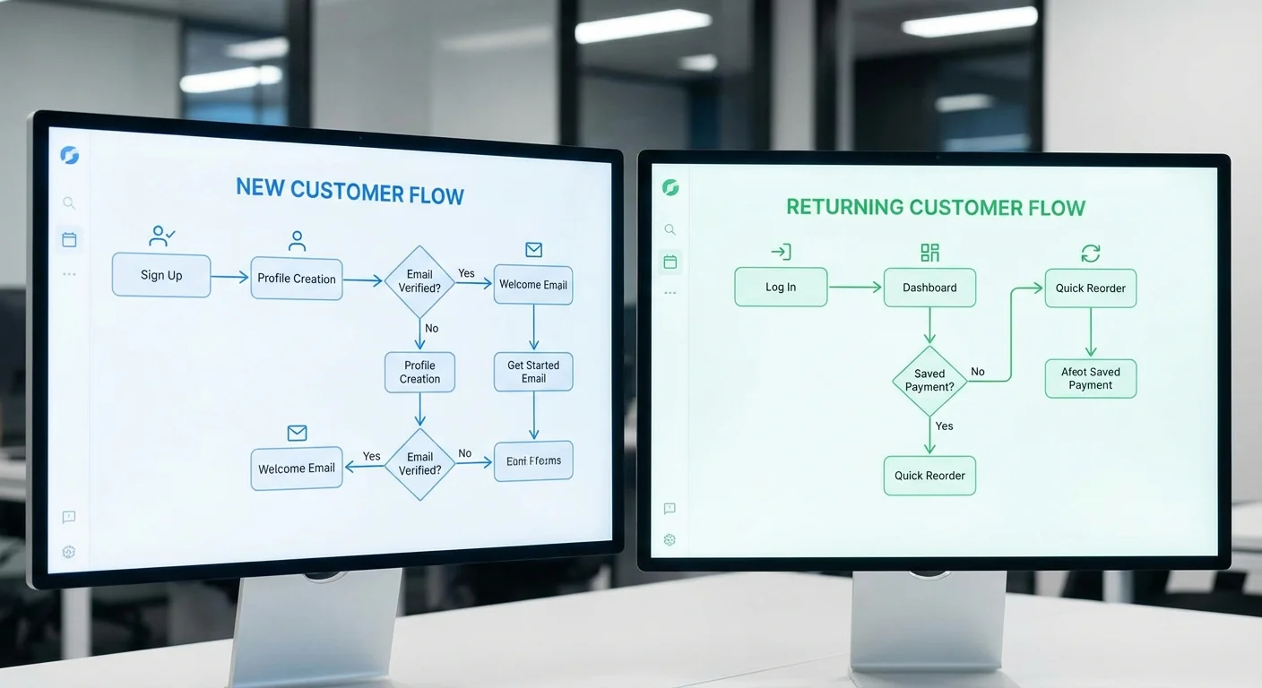 Multiple user flow diagrams showing different paths for new vs returning customers