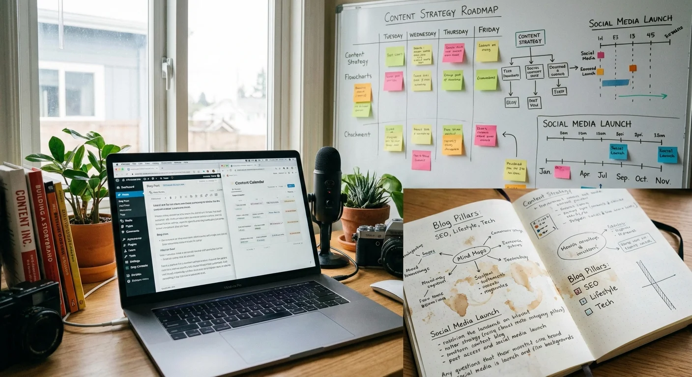 Content creation workspace showing blog writing process and planning